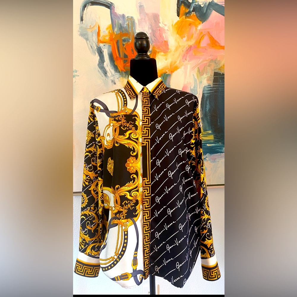 Versace button down shirt / top. Medusa. Black/white/gold. NWT 100% silk.